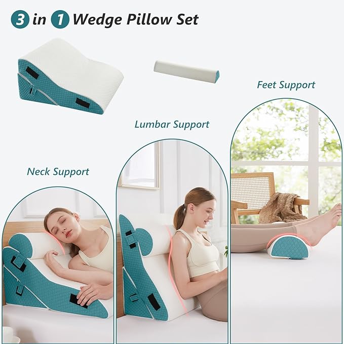 Bed Wedge Pillow Set for Sleeping 3 PCS - 16.5" Wide Triangle Pillow for Back Leg Pain Relief with Washable Cover - 35D Foam Wedge Pillow Post Surgery for Acid Reflux & Snoring (White Blue)