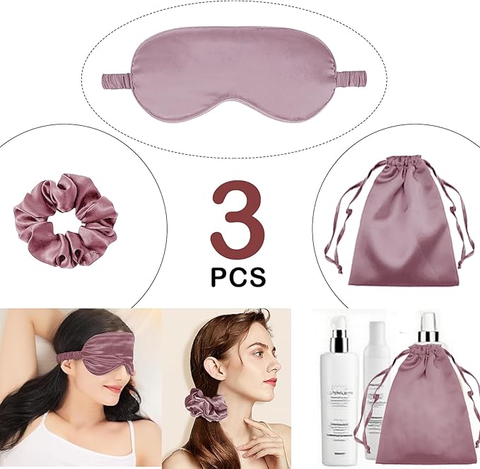 3Pcs Satin Eye Mask Silk Sleep Masks Set Silky Blindfold Eyeshade Blackout Eyes Cover Pouches Bag Scrunchy Wedding Gift