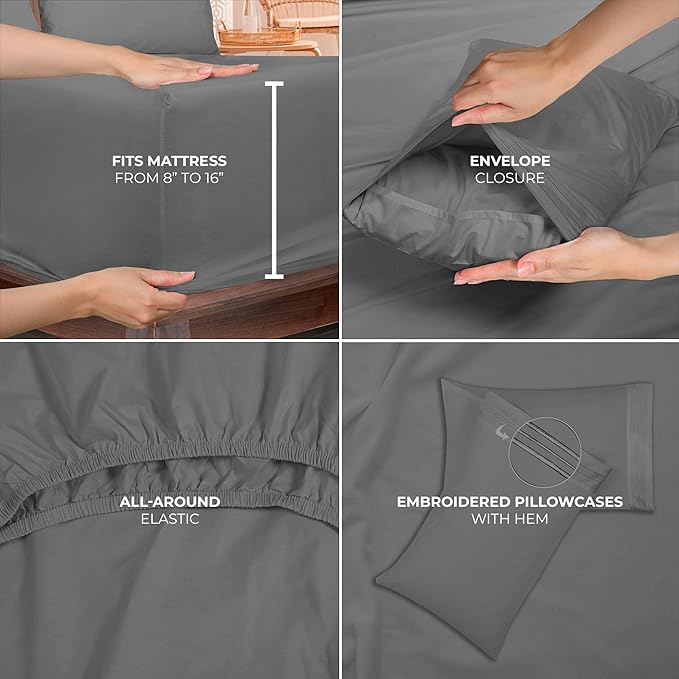 ROYALE LINENS 4 Piece Queen Sheets Set - Soft Brushed 1800 Microfiber Bedding - 1 Fitted and 1 Flat Sheet, 2 Pillow Cases - Wrinkle Free & Fade Resistant - Hotel Luxury Bed Sheets Set (Grey, Queen)
