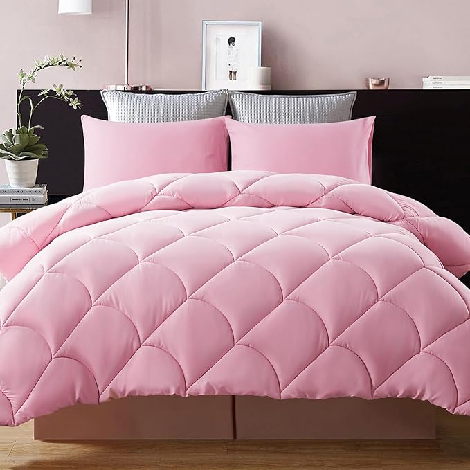 Decroom Lightweight Twin Comforter Set with 1 Pillow Sham - 2 Pieces Set - Quilted Down Alternative Comforter/Duvet Insert for All Season - Pink - Twin/Twin XL Size