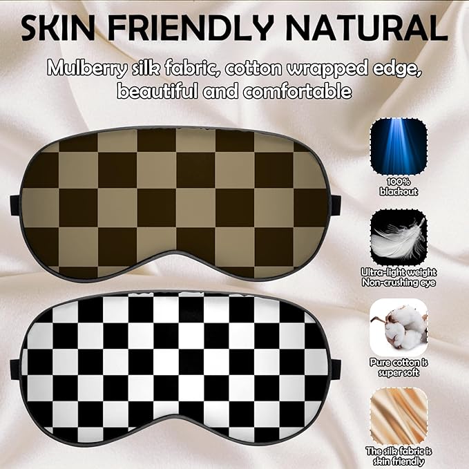 2 PCS Sleep Eye Mask Silk Sleeping Soft with Elastic Strap Eye Sleep Shade Cover for Cute Aesthetic Unisex Women Girls for Airplane Travel Nap-Checker