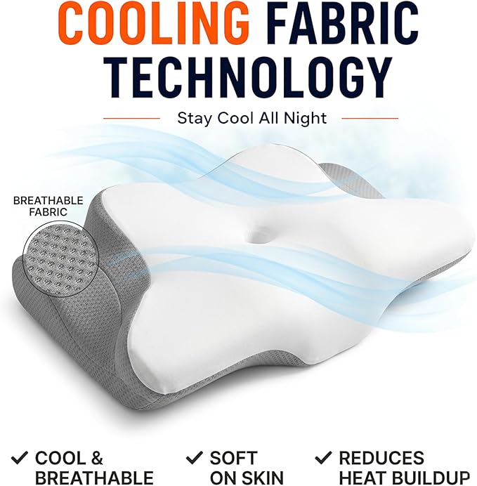 Cervical Neck Pillow for Pain Relief, Memory Foam Contour Pillow Dual Height 5.5/3.7 for Neck Shoulder Support – Ergonomic Orthopedic Cooling Pillow Side Back Stomach Sleepers Arm Support