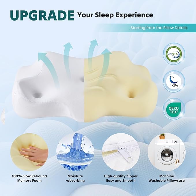 DUMOS Cervical Neck Pillow for Neck Pain Relief, Cooling Memory Foam Pillows for Sleep Apnea, Soft Side Sleeper Pillow Orthopedic Support Ergonomic Pillow for Stomach Back Stomach Sleepers, White
