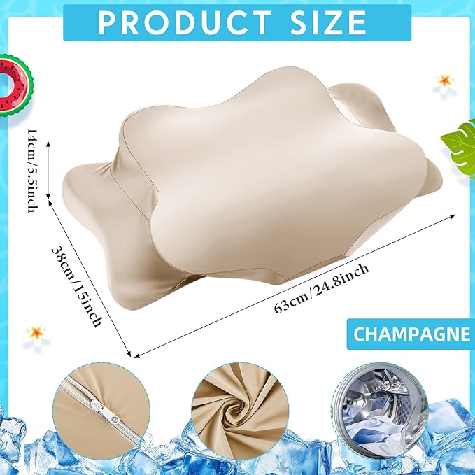 Hahafelt Cooling Cervical Neck Pillowcase Cover (Only Pillow Case) Ergonomic Pillowcase with Zipper Breathable Contour Pillow Cover for Side Back Stomach Sleepers(Champagne,Queen Size)