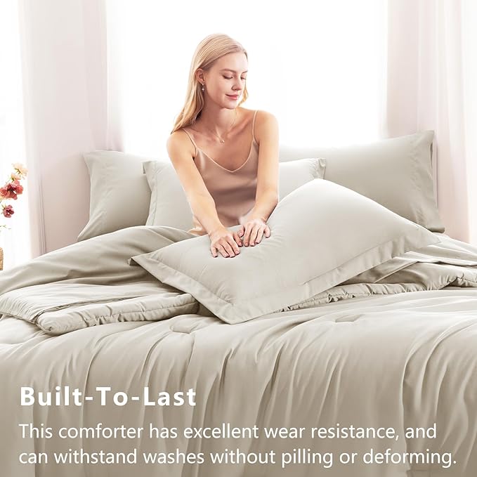 CozyLux Full Size Comforter Sets Beige, 7 Pieces Bed in a Bag Full Comforter Set with Sheets, Luxury Soft Bedding Set with Down Alternative Comforter, Fitted Sheet, Flat Sheet, Pillowcases & Shams