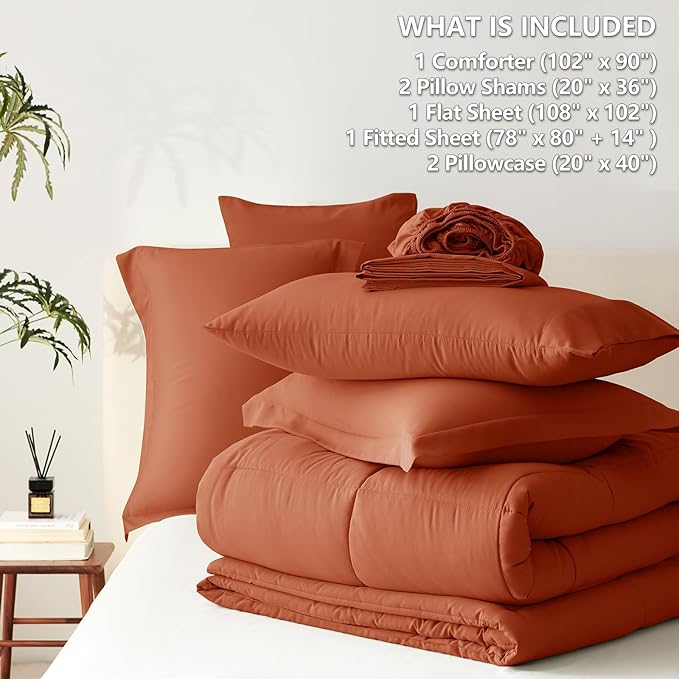 CozyLux King Size Comforter Set Terracotta - 7 Pieces Bed in a Bag King, Okeo-Tex Certifited Bedding Set, All Season Soft Bed Set with Down Alternative Comforter, Sheets, Pillowcases & Pillow Shams