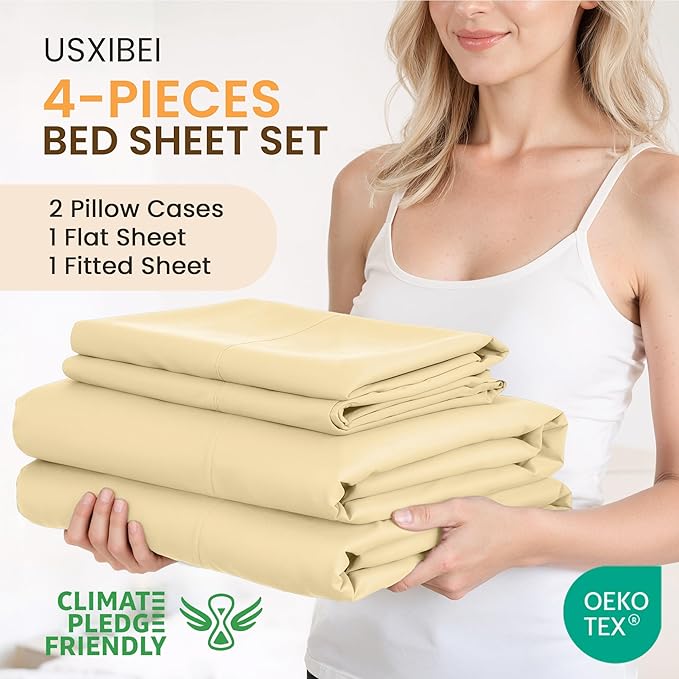 King Size 4 Piece Sheet Set - Comfy Breathable & Cooling Bed Sheets Set, Soft and Wrinkle Free, Deep Pockets, Easy & Secure Fit, Hotel Luxury Bedding for Women, Men - Oeko-Tex - Beige