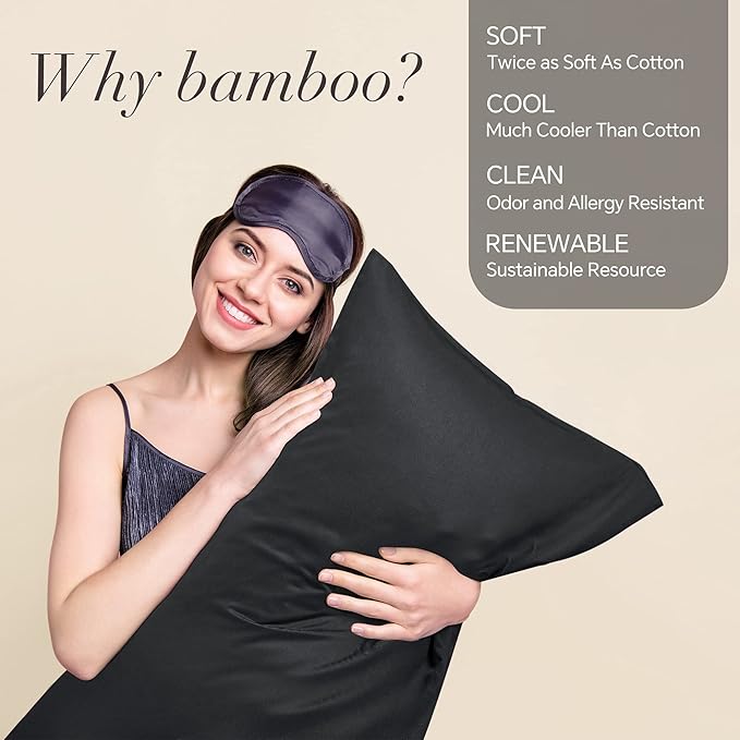 BEDELITE Pillow Cases Queen Size Set of 2, Rayon Derived from Bamboo, Cooling Pillow Cases for Hot Sleepers & Night Sweats, Breathable and Silky Soft Envelope Pillowcases(Black, 20"x30")