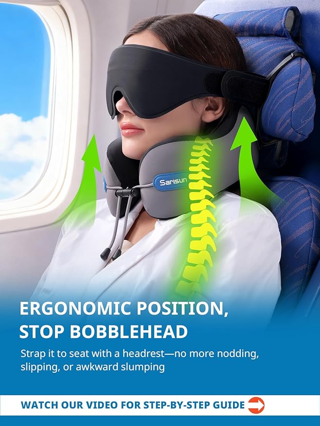 SARISUN Neck Pillow Airplane,Travel Pillow with Strap, Combo with 3D Eye Mask for Sleep, Dual-Density Supportive Foam Airplane Pillow for Long Flights, Car Road Trip Travel Essentials Grey