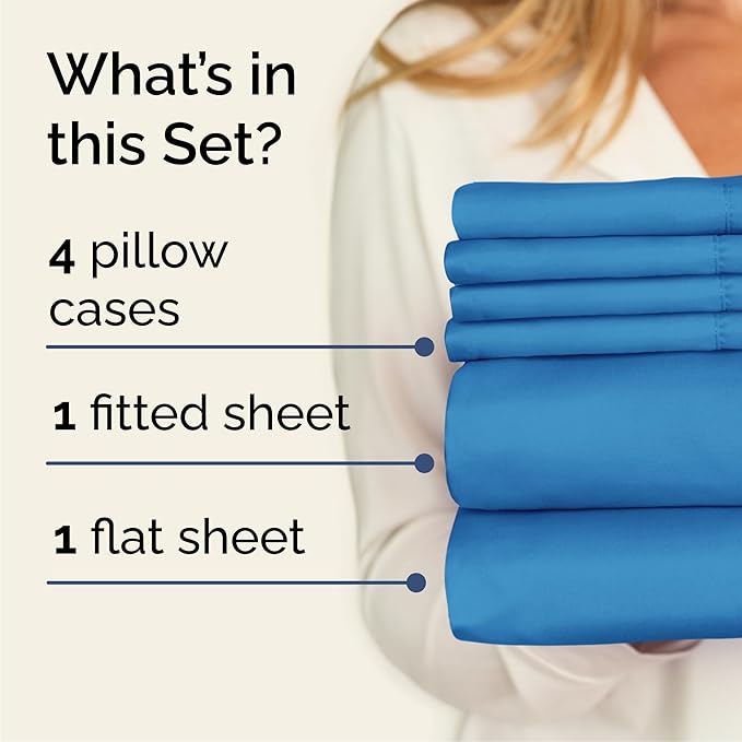 Queen 6 Piece Sheet Set - Comfy Breathable & Cooling - Hotel Luxury Bedding for Women, Men, Kids, Teens & Children - 1 Flat & 1 Fitted Sheet & 4 Pillowcases w/ Deep Pockets - Wrinkle Free - Denim Blue