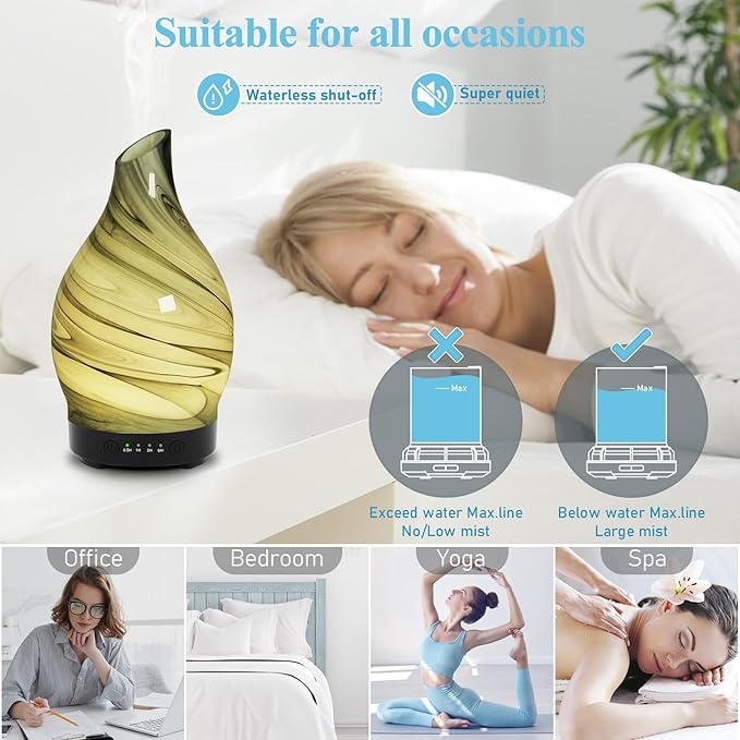 Essential Oil Diffuser 150ML, Glass Aromatherapy Diffuser with 4 Timer Settings & 7 Color Changing Lights, Waterless Auto Shut-Off, Ultra Quiet Oil Diffuser, Mothers Day for Home, Office, Yoga, Spa
