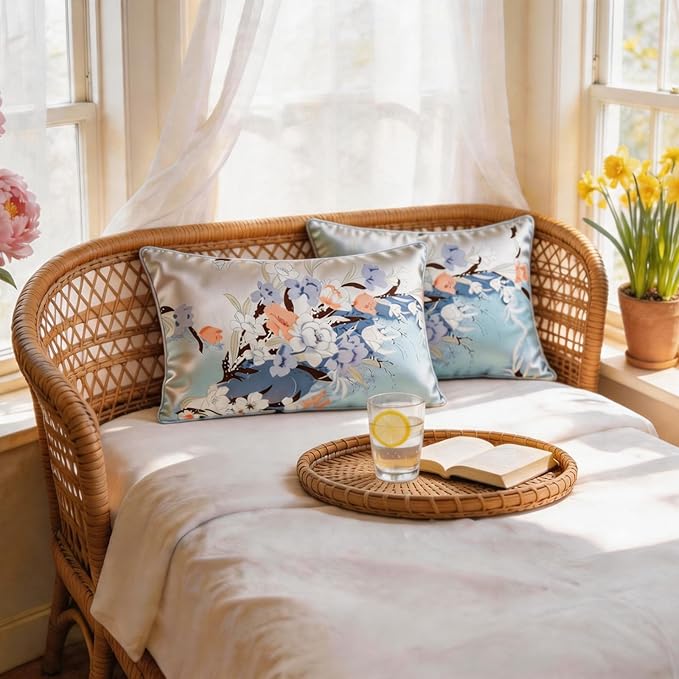 100% Mulberry Silk Pillowcase for Hair and Skin Care, Envelope Closure, Natural &Vintage Floral Printed Cooling & Slip Silk Pillow Case, Both Sides Soft Breathable, Queen Size, 1 Pack (Blue)