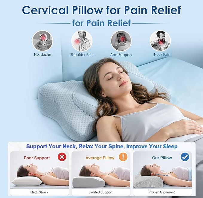 Cervical Pillow for Neck Pain Relief, Sleep Apnea Pillow, Cooling Memory Foam Pillow Ergonomic Orthopedic Contour for Side, Back and Stomach Sleepers, 2 in 1 Neck Shoulder Relief System Bed Pillow