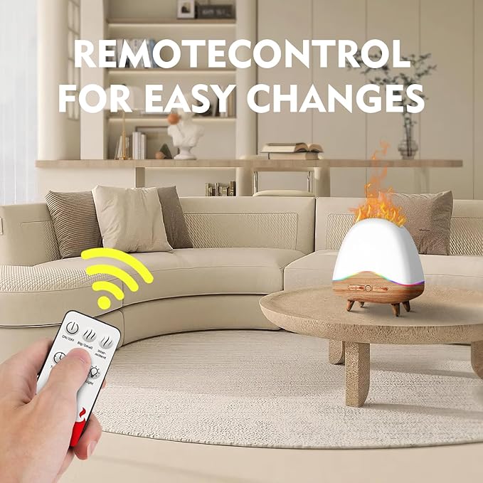Night Light Essential Oil Diffuser with Flame, 300ML Ultrasonic Aroma Diffuser, 7 Color Lights with Remote Control, Cool Mist, Timed Mist, Auto Shut-Off for Home, Bedroom, Hotel, Office, Yoga (White)