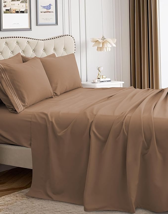 Mocassi Luxury Twin XL 4-Piece Sheet Set - 1800 Premium Hotel Quality - Easy-Fit, Wrinkle, Fade Resistant Bed Sheets and Pillowcases - All Around Elastic Fitted Sheet, Deep Pocket, Taupe