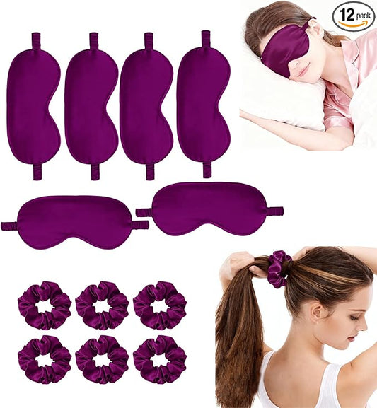 12Pcs Silk Sleep Masks Satin Eye Mask Silky Eyes Cover Blindfold Eyeshade Hair Ties Scrunchy Travel Bridesmaids Gifts