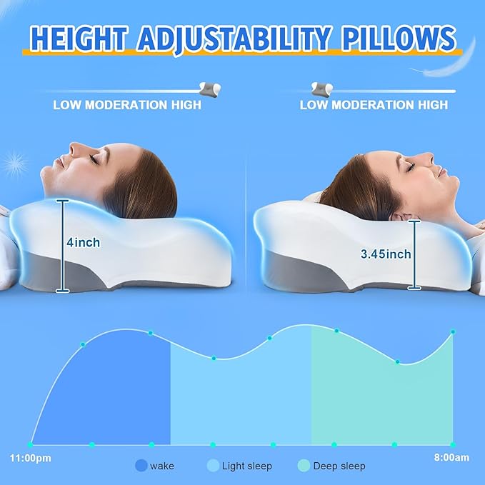Cervical Neck Pillows with Memory Foam - Ergonomic Neck Support Pillows for Pain Relief Contour Memory Foam - Adjustable Orthopedic Bed Pillows with Cooling Pillowcase for Sleeping - Dark