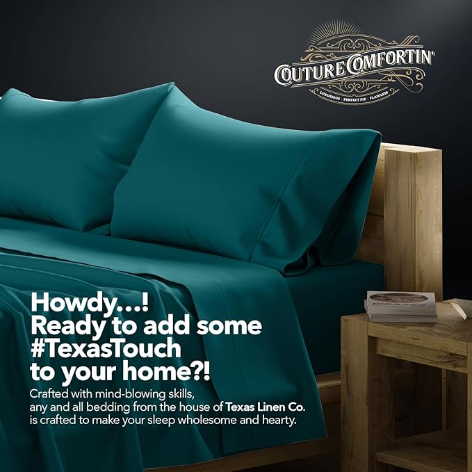 TEXAS LINEN CO. 100% Egyptian Cotton Queen Sheets Set - Luxury 1500 Series Couture Comfortin' Collection Egyptian Cotton Sheets Queen Size Bed Set (4 PC, Teal), 17" Deep Pocket, Hotel Bedding Set