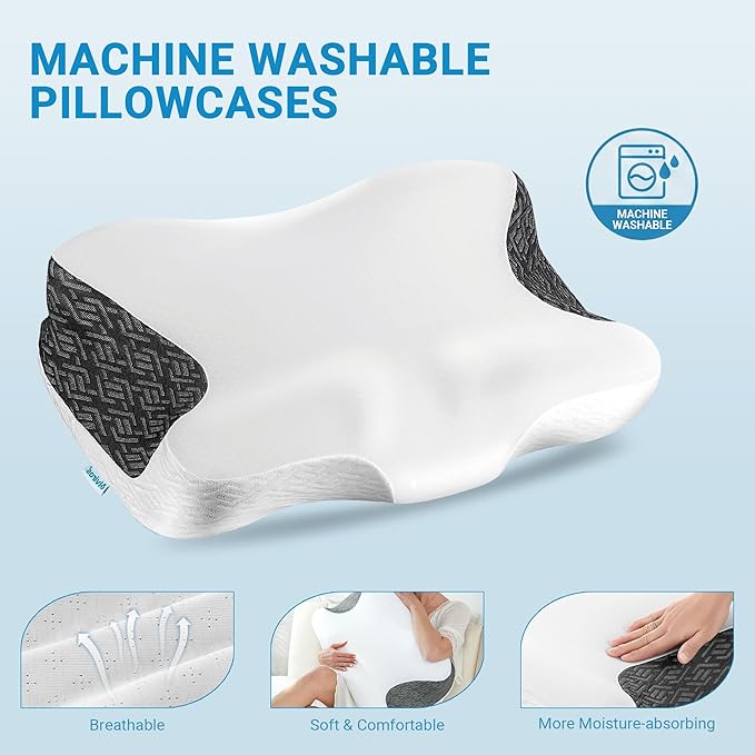 Elviros Neck Pillow for Pain Relief Sleeping, 2 Pack CPAP Pillows for Side, Back & Stomach Sleepers, Ergonomic Orthopedic Pillow for CPAP Users to Reduce Air Leaks and Mask Pressure, White