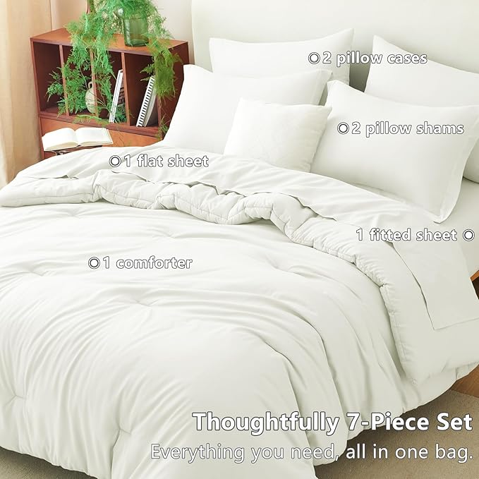 CozyLux Queen Comforter Set Ivory, 7 Pieces Bed in a Bag Queen Comforter Set with Sheets, Luxury Soft Bedding Sets with Down Alternative Comforter, Fitted Sheet, Flat Sheet, Pillowcases & Shams