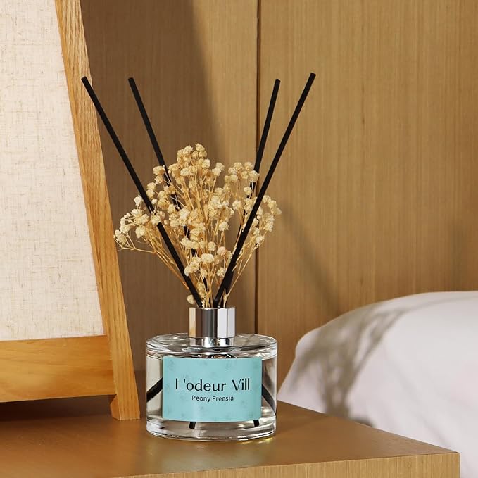 L'odeur Vill Reed Diffuser Set, 6.7 oz(200ml) Jasmine Freesia Scented Diffuser with 6 Oil Diffuser Sticks, Home Fragrance Essential Oil Reed Diffuser for Home Large Rooms Bathroom Shelf Decor