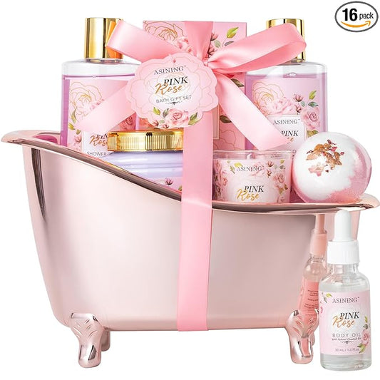 Bath and Body Gift Basket Set Mothers Day, 16 Pcs Luxury Rose & Vanilla Scent Spa Gift Basket Set for Women, Watermelon Body Scrub, Perfect Bath & Body Gift Set, Home Spa Bath Pamper Gifts Teens