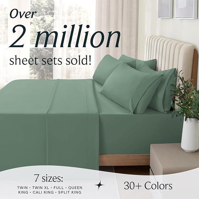LuxClub 4 PC California King Sheet Set, Breathable Luxury Bed Sheets, Deep Pockets 18" Wrinkle Free Cooling Sheets Machine Washable Hotel Bedding Silky Soft - Tree Moss Green Cal King