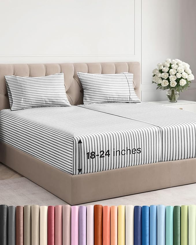 Extra Deep Split King Sheet Set - 5 Piece Breathable & Cooling Bed Sheets - Easily Fits 18 to 24 inch Mattress - Soft, Wrinkle & Fade Free w/ Extra Deep Pockets - Hotel Luxury Bedding - Grey Stripes 2