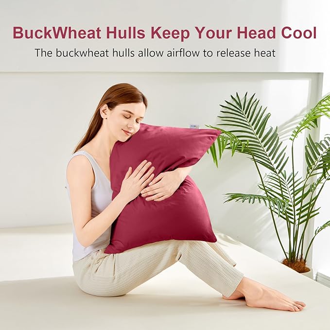 MIOTO Organic Buckwheat Pillow for Sleeping with Dual-Layer Pillowcase and Extra Tartary Buckwheat Hulls, Adjust Height and Firmness, Neck Support Pillow for Back and Side Sleepers 14"x20", Burgundy