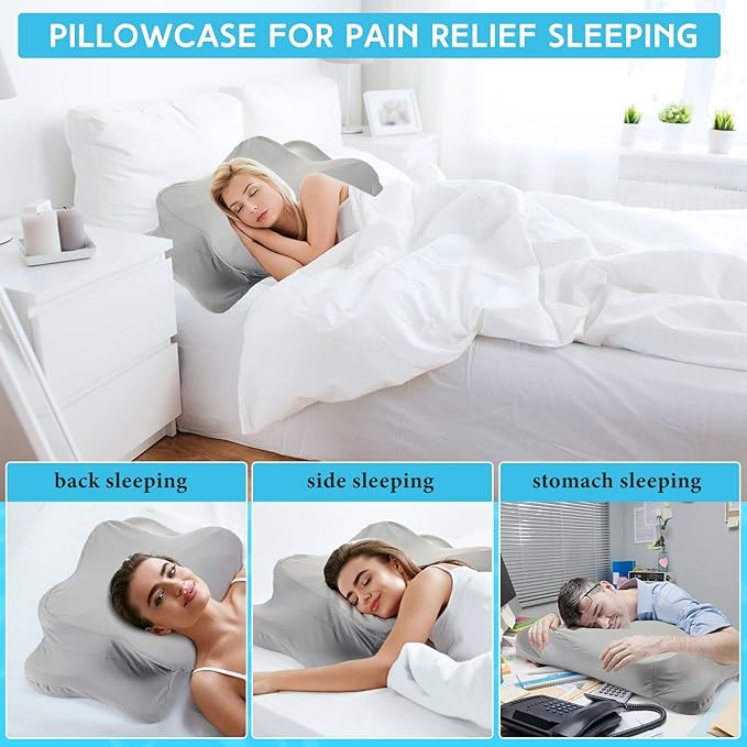 Hahafelt Cooling Cervical Neck Pillowcase Cover (Only Pillow Case) Ergonomic Pillowcase with Zipper Breathable Contour Pillow Cover for Side Back Stomach Sleepers(Gray,Queen Size)