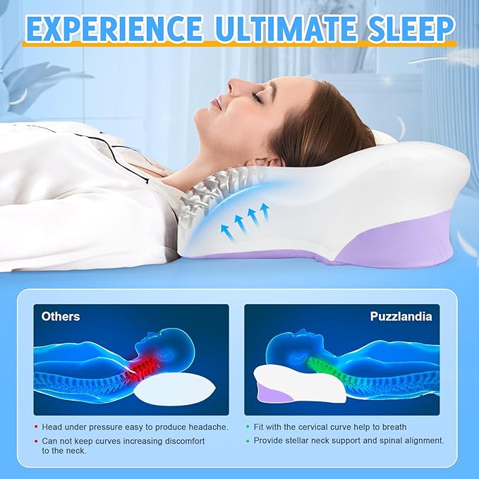 Cervical Neck Pillows with Memory Foam - Ergonomic Neck Support Pillows for Pain Relief Contour Memory Foam - Adjustable Orthopedic Bed Pillows with Cooling Pillowcase for Sleeping - Purple