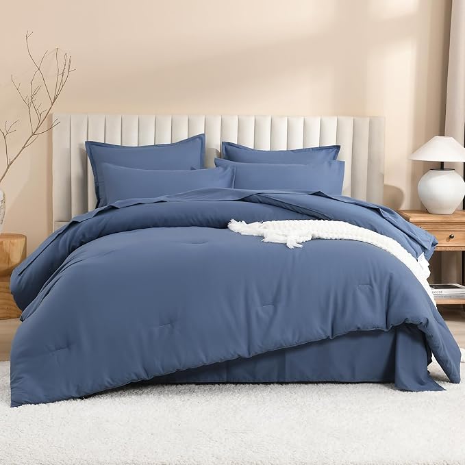 Litanika Super King Comforter Sets Ocean Blue - 7 Pieces Bed in a Bag Oversized King Bedding Comforter Sets, Solid Lightweight Bed Set with Comforter, Sheets, Pillowcases & Shams