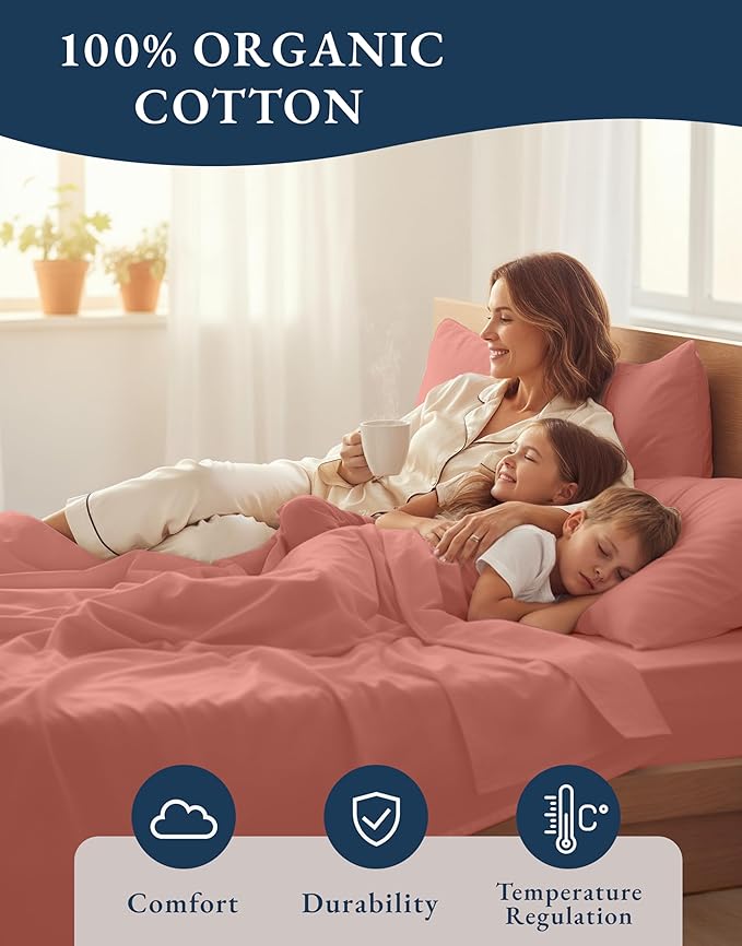 LANE LINEN 100% Organic Cotton Full Sheets Set, 4-Piece Pure Organic Cotton Percale Sheets, Long Staple Cotton Sheet, Ultra Soft Bedding Sheets, Breathable,Fits Mattress Upto 15" Deep - Rose Dawn
