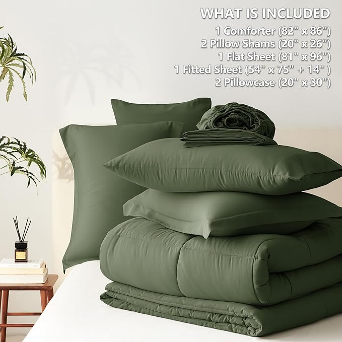 CozyLux Full Size Comforter Sets Olive Green - 7 Pieces Bed in a Bag Full, Oeko-Tex Certified Bed Set, All Season Soft Bedding Set with Down Alternative Comforter, Sheets, Pillowcases & Pillow Shams