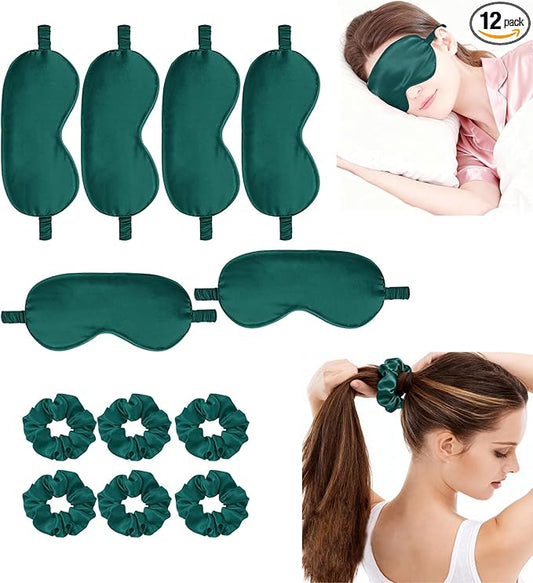 12Pcs Silk Sleep Masks Satin Eye Mask Silky Eyes Cover Blindfold Eyeshade Hair Ties Scrunchy Travel Bridesmaids Gifts
