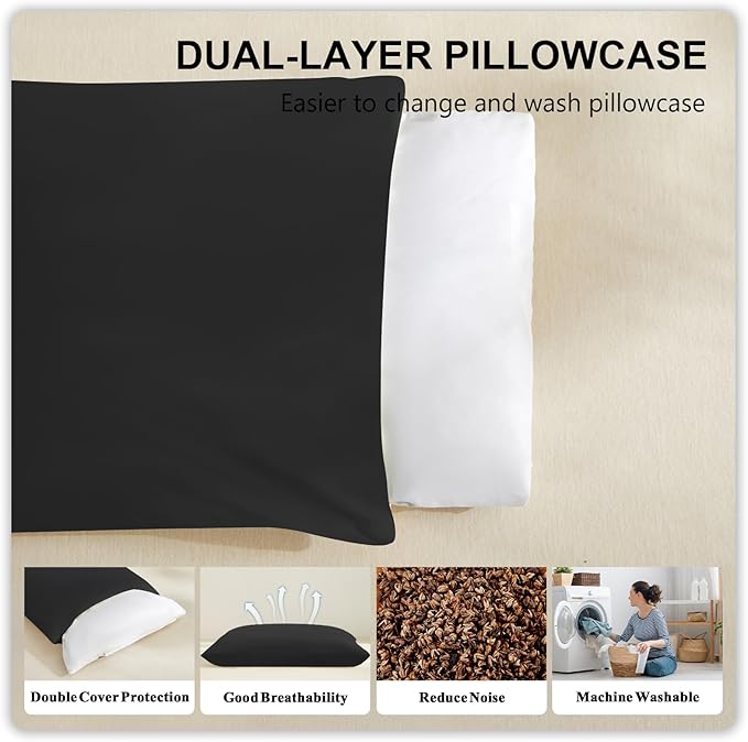MIOTO Organic Buckwheat Pillow for Sleeping with Dual-Layer Pillowcase and Extra Tartary Buckwheat Hulls, Adjust Height and Firmness, Neck Support Pillow for Back and Side Sleepers 14"x20", Black