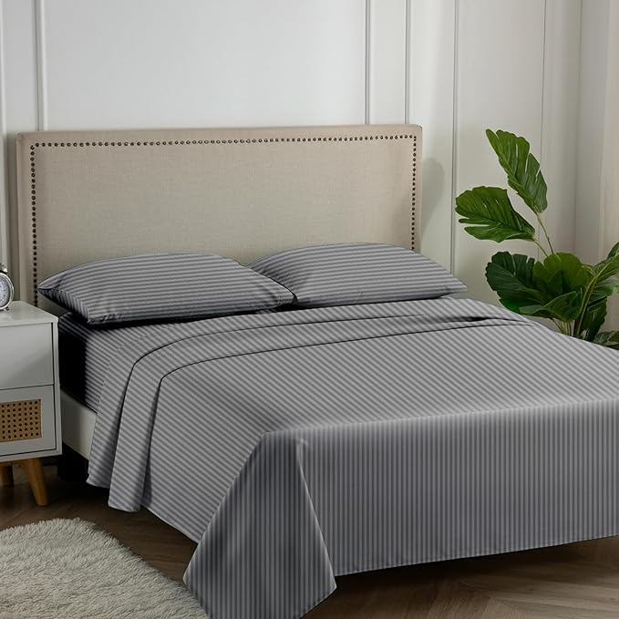 Carressa Linen Luxury Egyptian Cotton California King Stripe Sheet Set - 600 Series Hydrangeas Collection Long Staple (4 PC, Dark Grey), Cal King Upto 18 in Deep Pocket, Soft Cooling Sateen Sheets