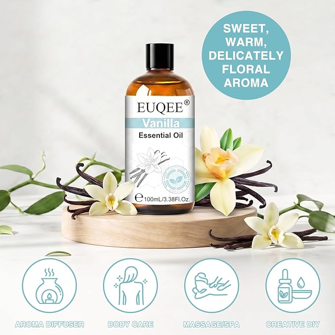 EUQEE Vanilla Essential Oil 100ml, 100% Natural and Pure Vanilla Oil for Aromatherapy Diffuser, Massage, DIY Soap, Candle Making, Skin & Hair Care - 3.38 Fl Oz