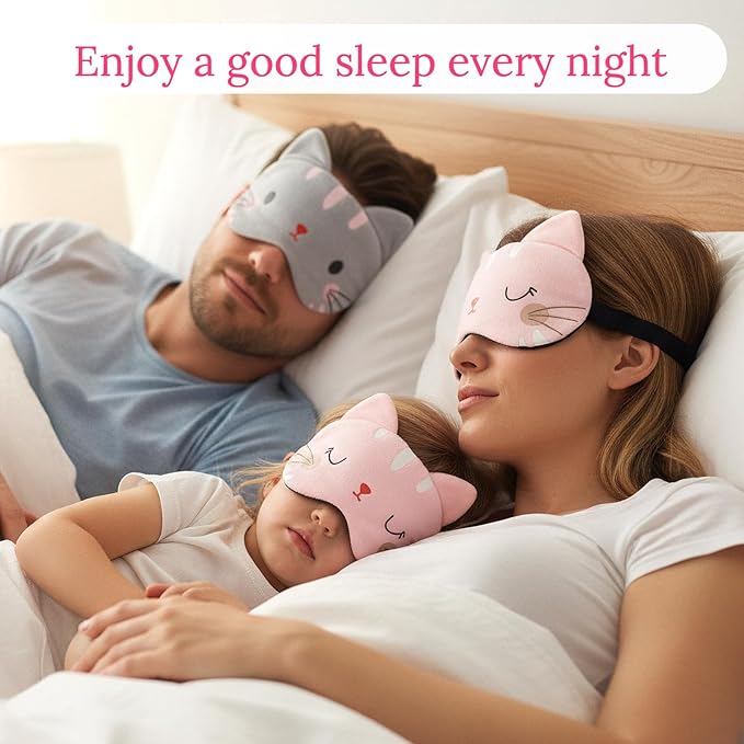 2PCS Sleep Mask for Kids Cute Kids Sleep Mask Cartoon Cat Sleeping Mask for Kid Women Men Kitty Cat Slumber Party Favors