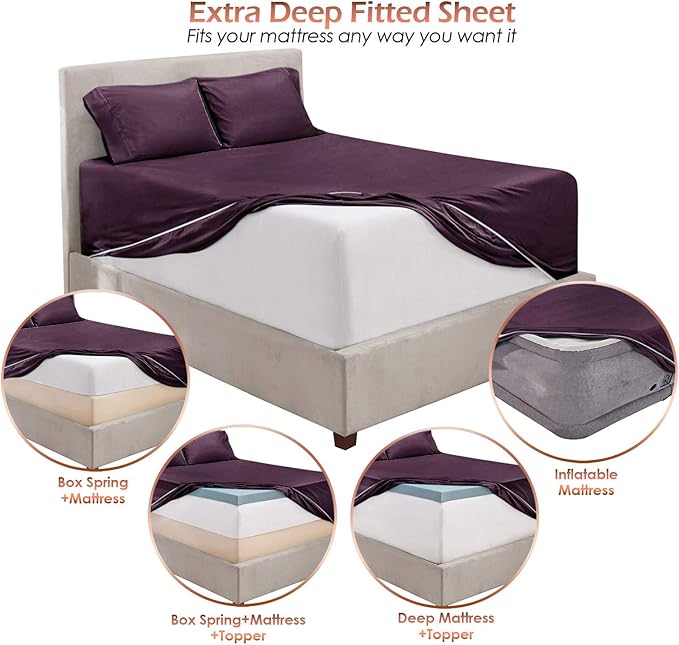 Hearth & Harbor Extra Deep Pocket Sheets - Fits Mattress 18-24 Inches Deep - Extra Deep Pocket Full Size Sets - 6 Piece Full Size - Full - Eggplant