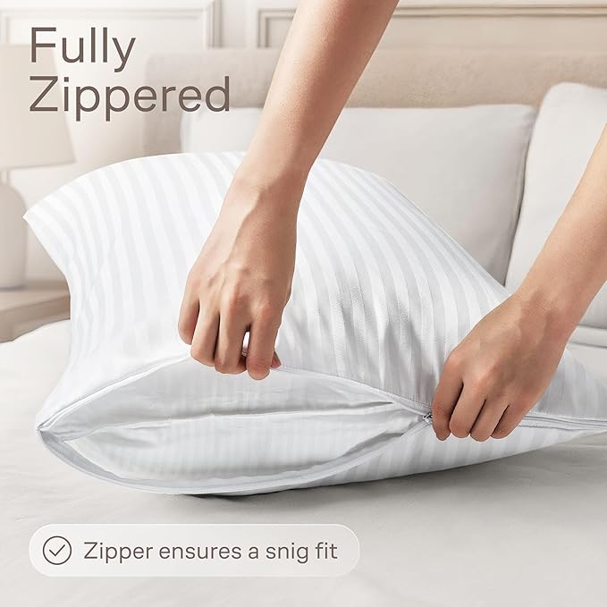 Ultra Soft Pillow Protectors with Zipper King Size - Set of 4 Breathable Pillow Covers - 100% Protection Against Stains, Dust & Dirt - Machine Washable (Dark White)