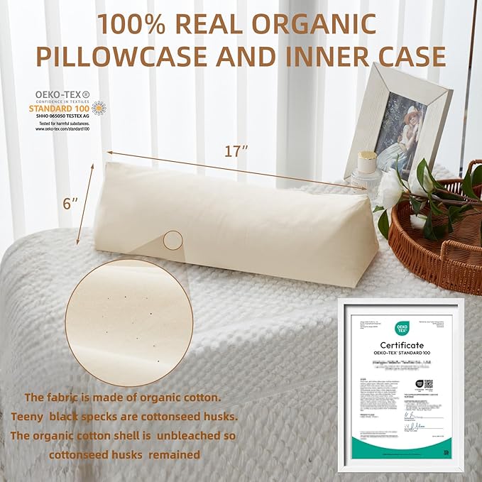 Buckwheat Pillow - Adjustable Buckwheat Neck Pillow(17x6) to Provide Firm Support, Neck Roll Pillow for Side and Back Sleepers, Bolster Pillow with Organic Pillowcase, Triangle Pillows
