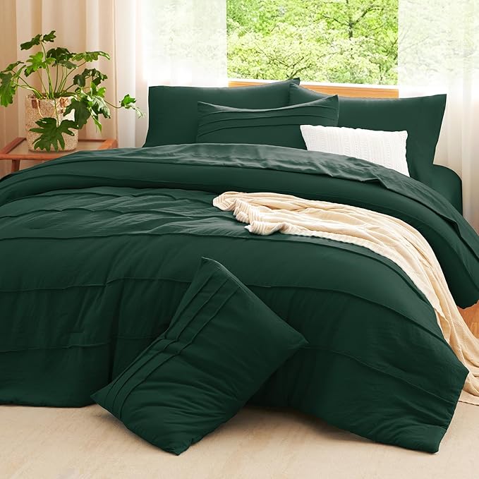 CozyLux Full Size Comforter Sets Emerald Green, 7 Pieces Soft Pinch Pleat Bed in a Bag Full Comforter Set with Sheets, Bed Set with Down Alternative Comforter, Sheets, Pillowcases & Shams