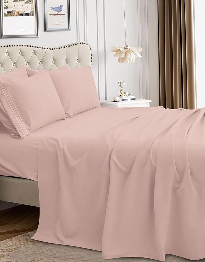 Mocassi Luxury Queen 4-Piece Sheet Set - 1800 Premium Hotel Quality - Easy-Fit, Wrinkle, Fade Resistant Bed Sheets and Pillowcases - All Around Elastic Fitted Sheet, Deep Pocket, Blush