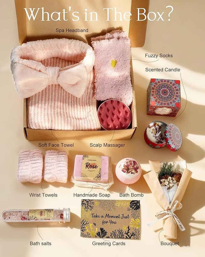 Rose Spa Gift Baskets - Mothers Day Gifts Natural Pampering Spa Set, Self-Care Get Well Soon Basket, Thank You Gifts, Unique 11pcs Gift Set for Women Wife Mom Her Birthday