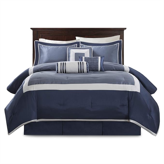 Madison Park Cozy Comforter Set-Deluxe Hotel Collection, All Season Down Alternative Luxury Bedding with Matching Shams, Decorative Pillows, Cal King(104"x92"), Genevieve, Navy 7 Piece