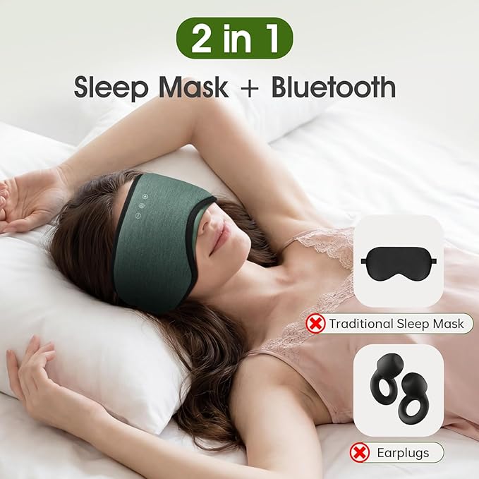 Sleep Headphones with Bluetooth 5.4 Sleep Mask, Bamboo Cotton Music Wireless Bluetooth Eye Mask for Sleeping, Earphones HD Speaker Microphone for Travel, Gifts for Men Women, Green