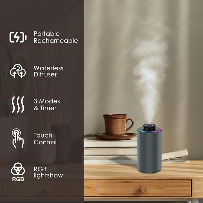 Waterless Essential Oil Diffuser with 8 Color LED Night Light, 3 Mist Levels & Timers, Portable Rechargeable Aromatherapy Diffuser for Home Car Room Studio Office, Metal (Grey)