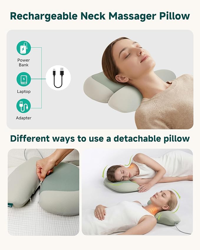 Neck Massager with Heat, Cordless Rechargeable Neck Traction Massage Pillow with Air Compression, FSA Eligible,Neck Stretcher Pillow, Digital Display Remote, Ergonomic Cervical Support for Home Office