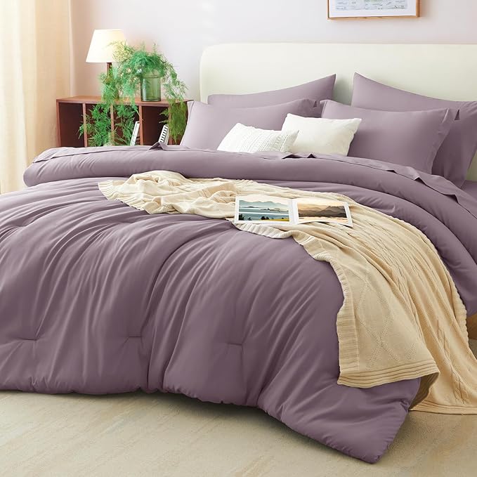 CozyLux King Size Comforter Set Dusty Purple, 7 Pieces Bed in a Bag King Comforter Set with Sheets, Luxury Bedding Sets with Down Alternative Comforter, Fitted Sheet, Flat Sheet, Pillowcases & Shams